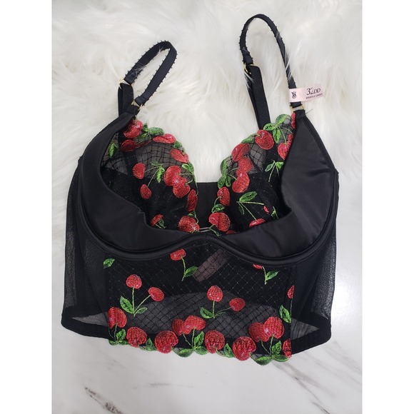 Victorias Secret Very Sexy Cherry Bra Longline Corset Sheer Black Lace Size 32DD - Picture 7 of 7